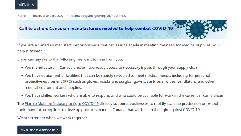 Screenshot of Canada.ca: call to action for Canadian manufacturers